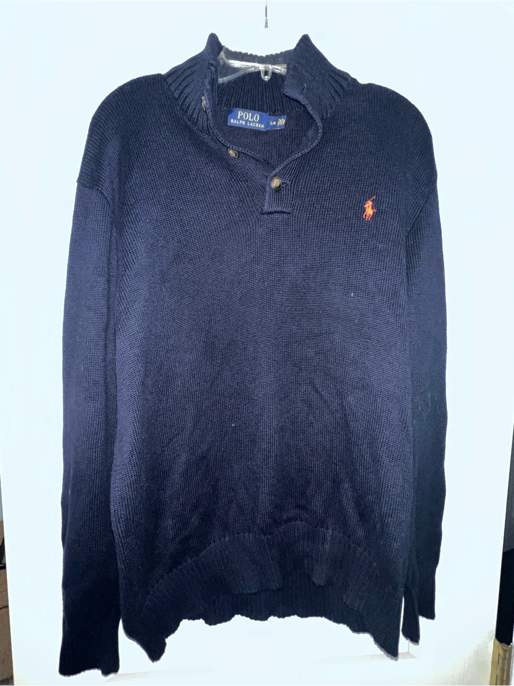 Ralph Lauren Navy Zip-Style Mock Neck Sweater with Orange Pony